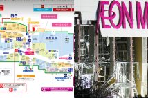 イオンモール熊本のショップリスト》骨組みがむき出しの施設1階には